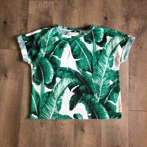 SHEIN Jungle Leaf Print Cuffed Sleeve T-Shirt